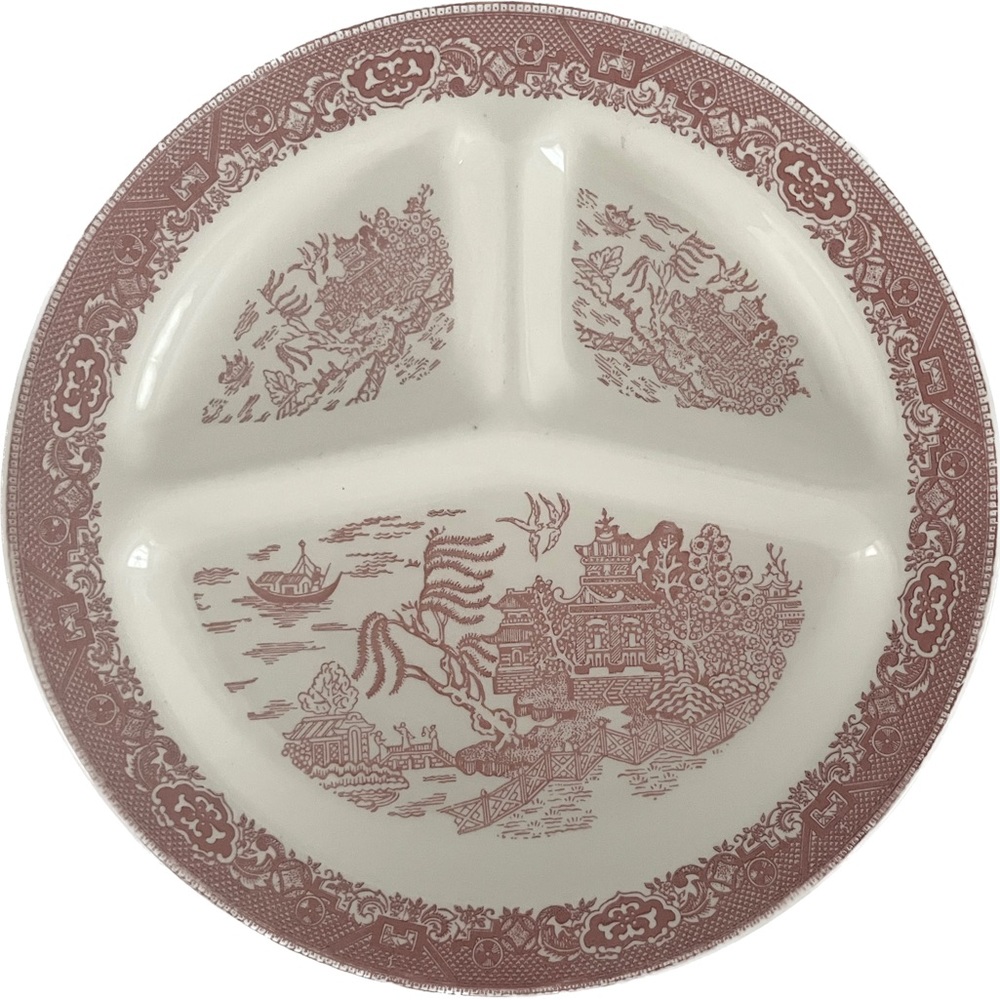 Vintage willow red/pink divided plates set of 2
